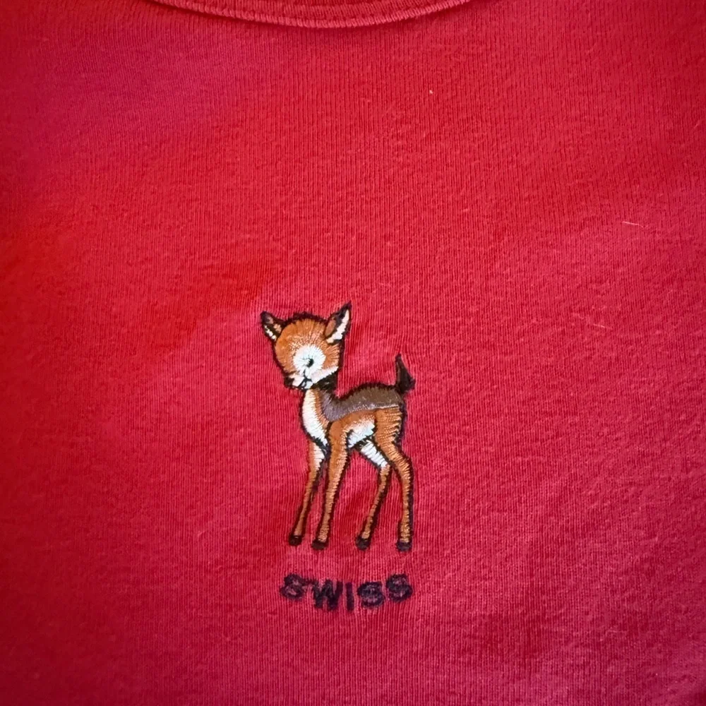 Brandy Melville Girls Short Sleeve Red T Shirt with Swiss Deer Embroidery.
